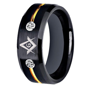Black Golden Line White Crystals Masonic Tungsten Carbide Ring - The Jewellery Supermarket